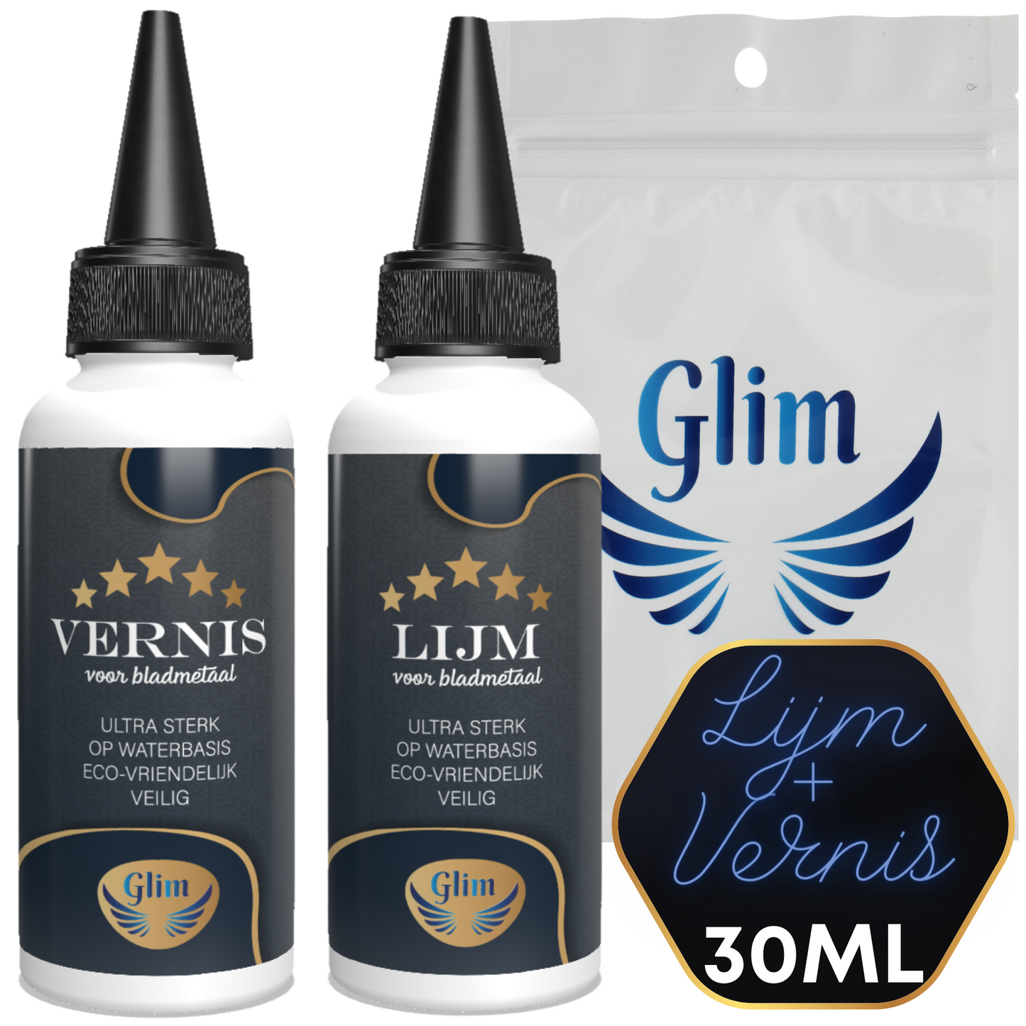 Glim® Bladmetaal Goud set XL + Lijm & Vernis - 100 vellen - 16*16cm