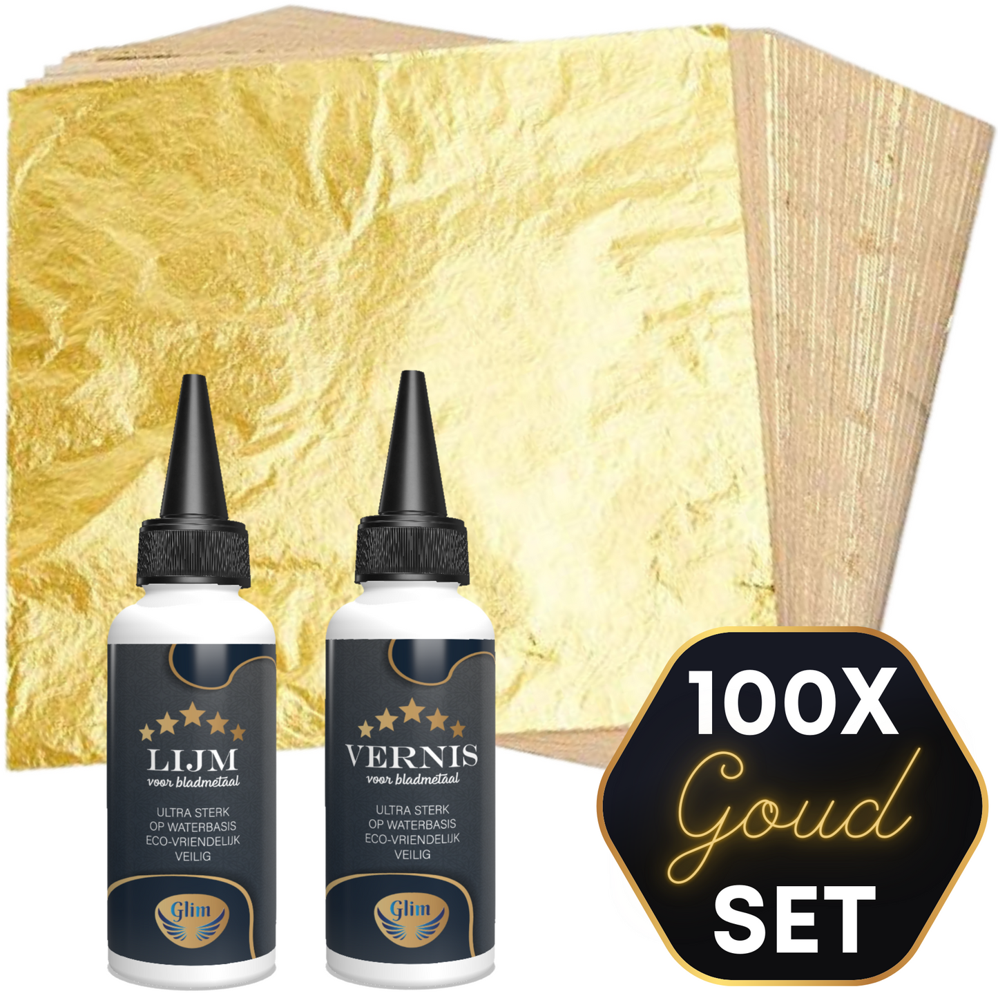Glim® Bladmetaal Goud set XL + Lijm & Vernis - 100 vellen - 16*16cm