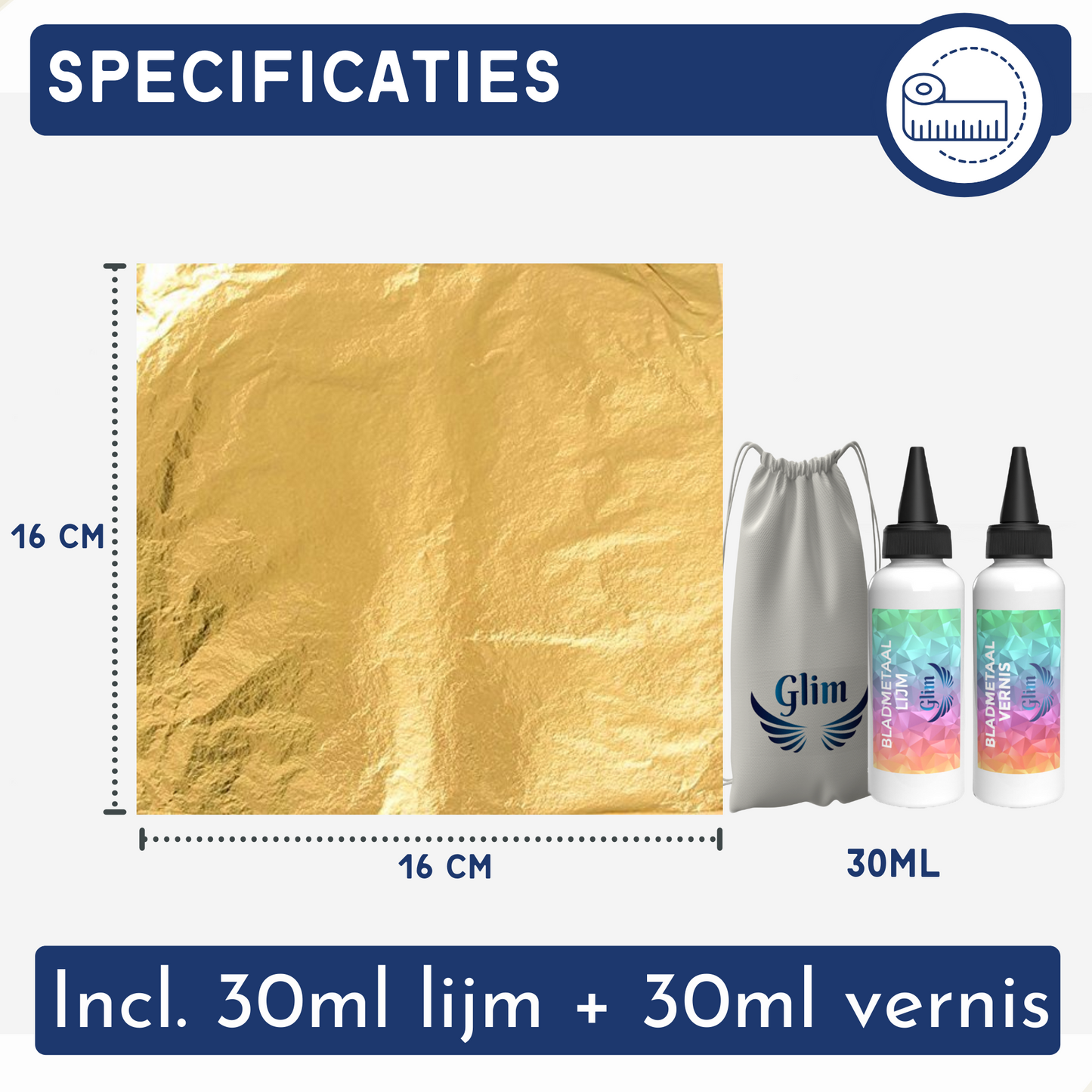 Glim® Bladmetaal Goud set XL + Lijm & Vernis - 100 vellen - 16*16cm