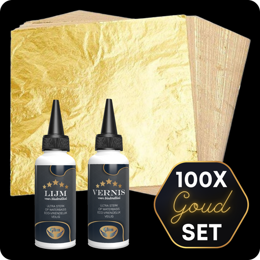 Glim® Bladmetaal Goud set XL + Lijm & Vernis - 100 vellen - 16*16cm
